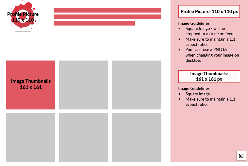 Recommended image sizes for your Instagram profile picture and image thumbnails on your feed.