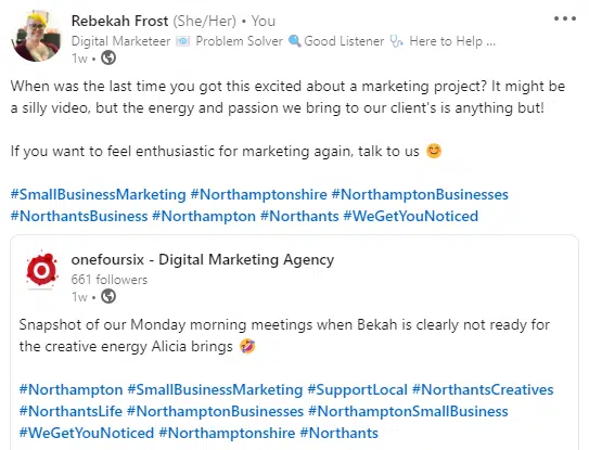 Bekah reposting a LinkedIn post