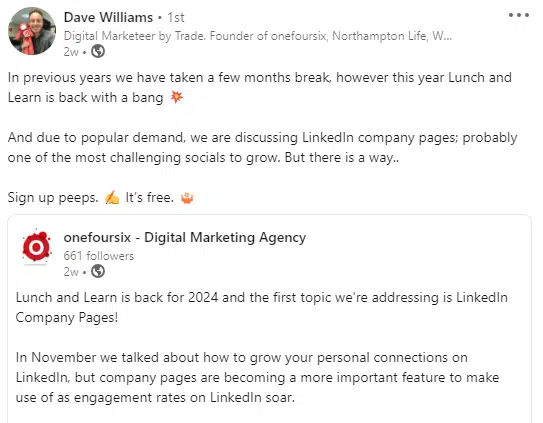 Dave reposting LinkedIn update