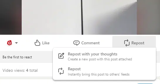 Repost options on LinkedIn to share company page