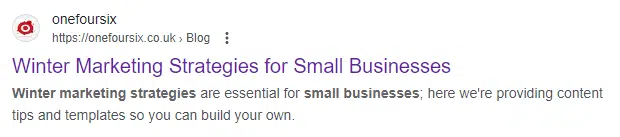 Example of meta description for Winter Marketing Strategies for Small Businesses blog on Google search results